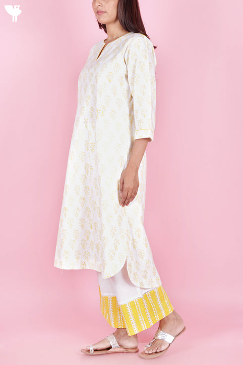 Blended Cotton Kurta Pant Set In Block Print