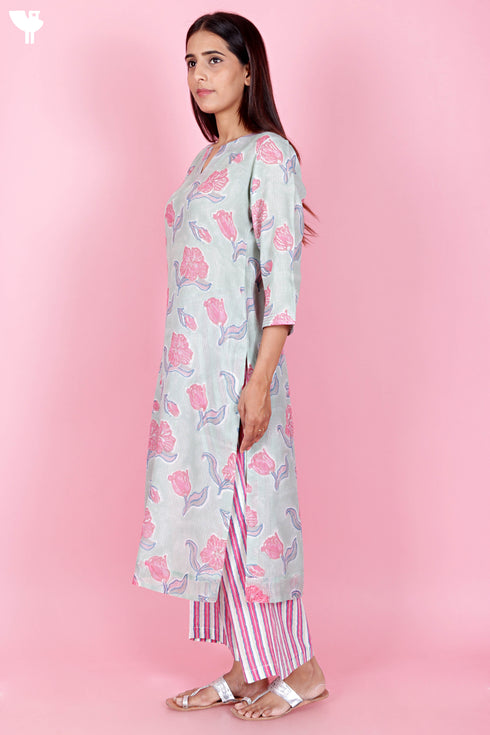 Kota Doria Kurta Pant Set With Dupatta In Block Print