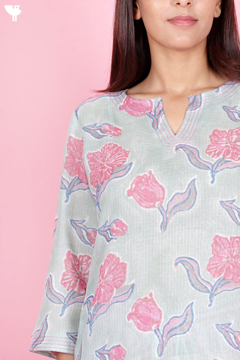 Kota Doria Kurta Pant Set With Dupatta In Block Print