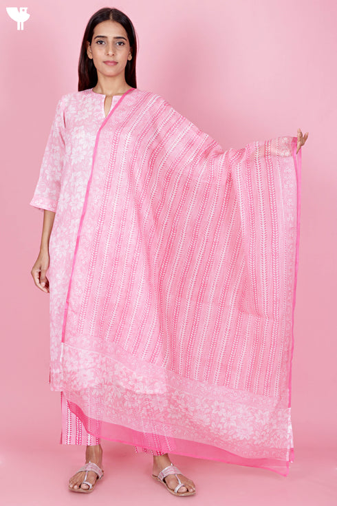 Kota Doria Kurta Pant Set With Dupatta In Block Print