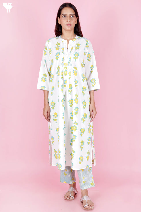 Cambric Cotton Kurta Pant Set In Block Print