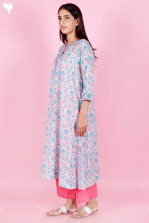 Mulmul Cotton Kurta And Pant Set With Dupatta In Block Print