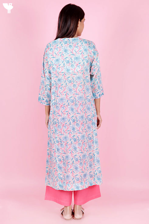 Mulmul Cotton Kurta And Pant Set With Dupatta In Block Print