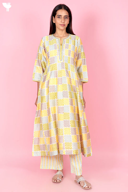 Chanderi Silk Kurta And Pant Set With Dupatta Block Print