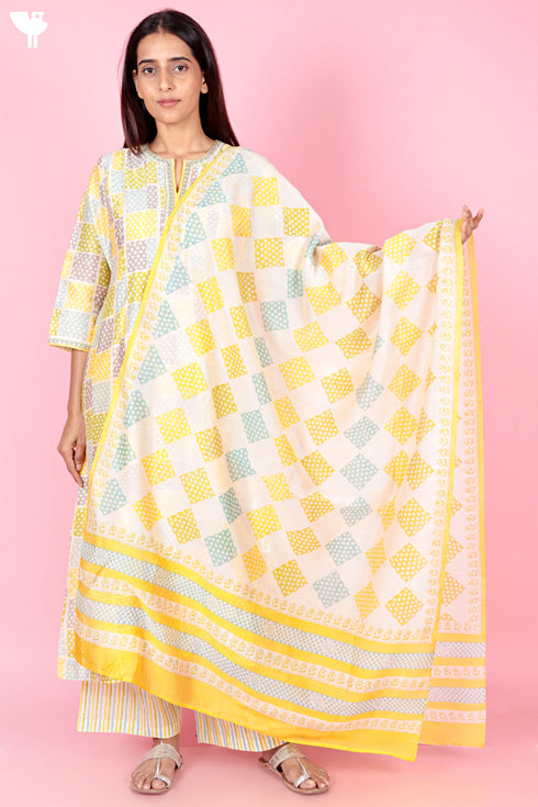 Chanderi Silk Kurta And Pant Set With Dupatta Block Print