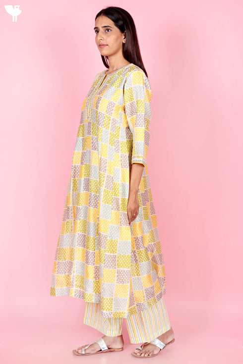 Chanderi Silk Kurta And Pant Set With Dupatta Block Print