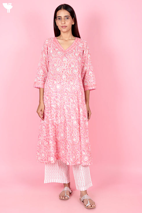 Cotton Kurta And Pant Set With Dupatta In Block Print