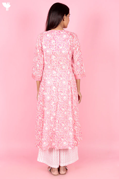 Cotton Kurta And Pant Set With Dupatta In Block Print