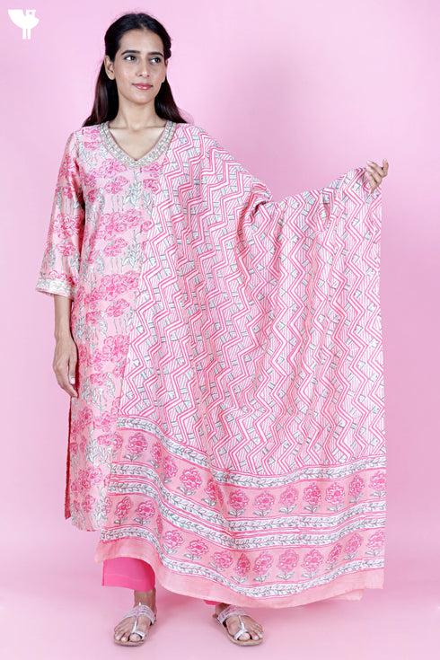 Chanderi Silk Kurta Pant and Dupatta Set In Block Print