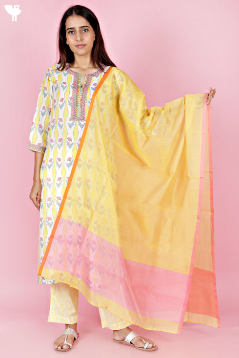 Chanderi Silk Kurta Pant And Dupatta Set In Block Print