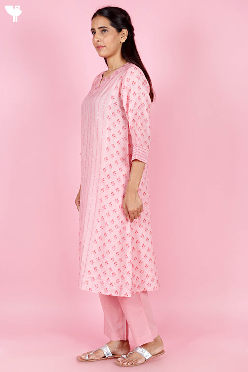 Chanderi Silk Kurta And Pant Set With Block Print