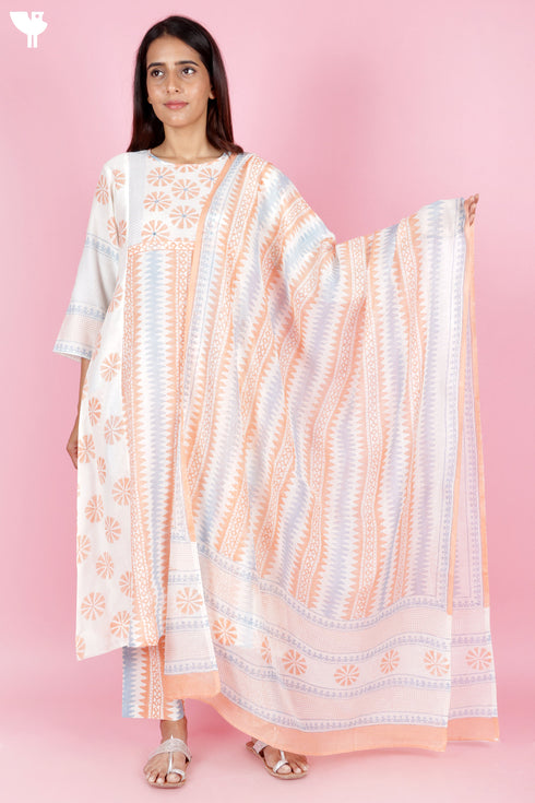 Chanderi Silk Kurta Set With Block Print