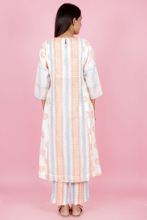 Chanderi Silk Kurta Set With Block Print