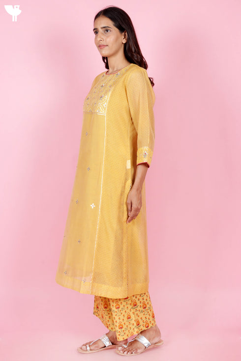 Chanderi Silk Kurta Pant And Dupatta Set With Block Print