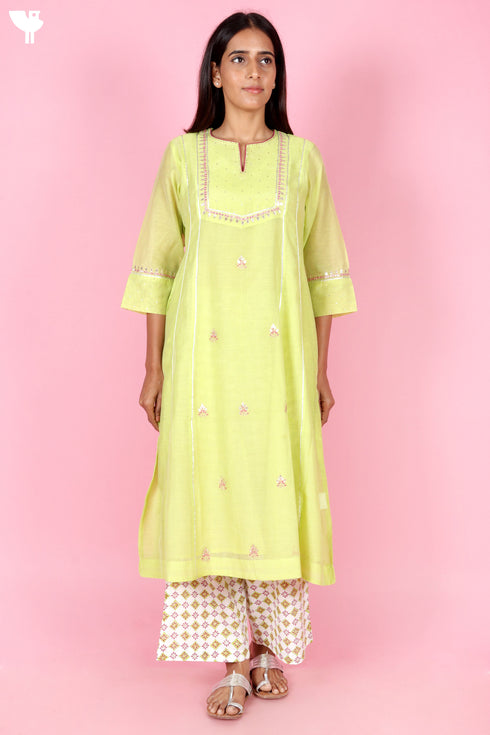 Chanderi Silk Kurta Pant Set With Dupatta Block Print