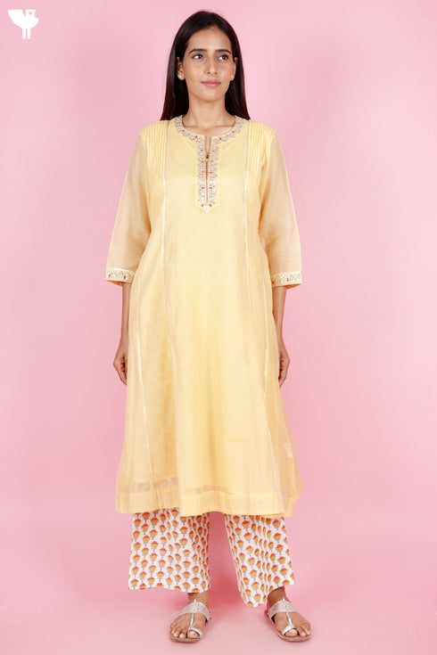 Chanderi Silk Kurta Set With Block Print