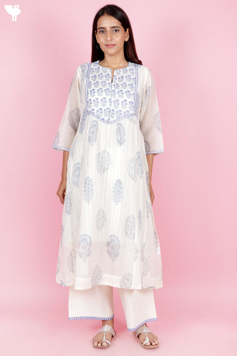 Chanderi Silk Kurta Set With Block Print