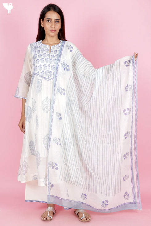 Chanderi Silk Kurta Set With Block Print