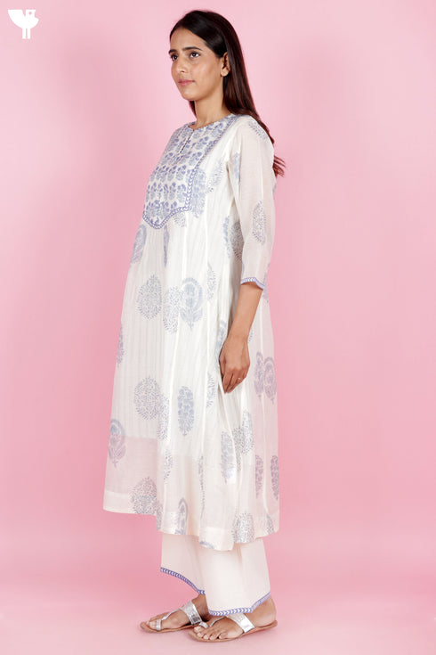 Chanderi Silk Kurta Set With Block Print