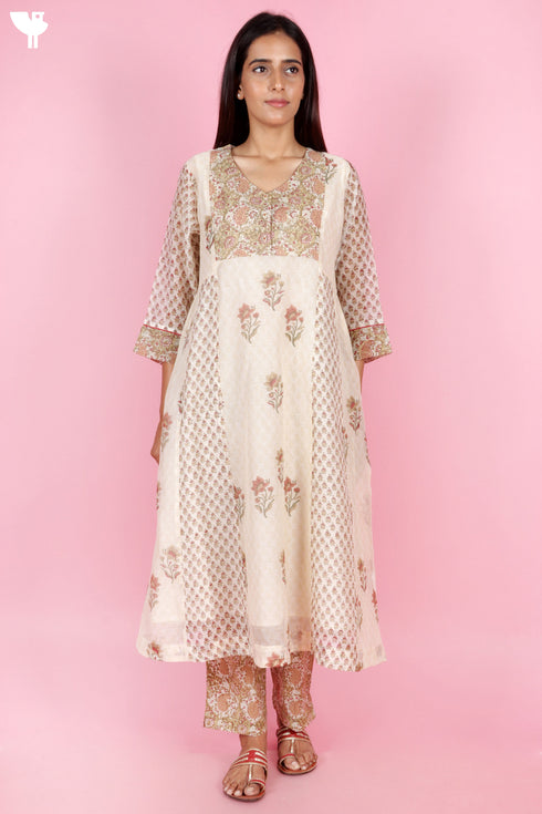 Chanderi Silk Kurta Set With Block Print