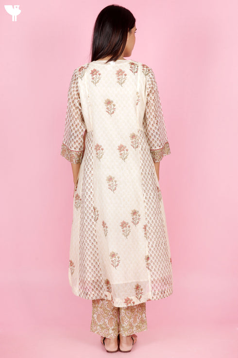 Chanderi Silk Kurta Set With Block Print