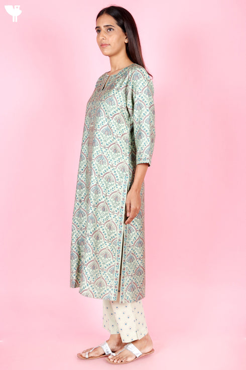 Tussar Cotton Kurta Pant And Dupatta Set In Floral Block Print