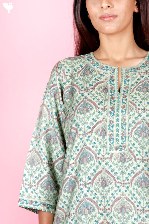 Tussar Cotton Kurta Pant And Dupatta Set In Floral Block Print