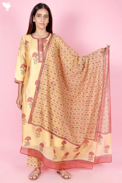 Tussar Cotton Kurta Pant And Dupatta Set In Floral Block Print
