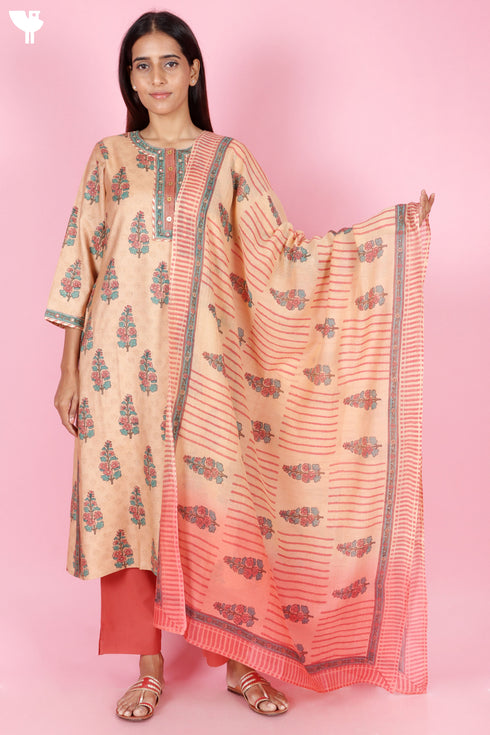 Tussar Cotton Kurta Pant And Dupatta Set In Floral Block Print