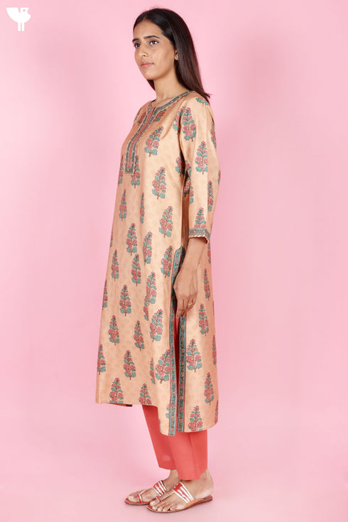 Tussar Cotton Kurta Pant And Dupatta Set In Floral Block Print