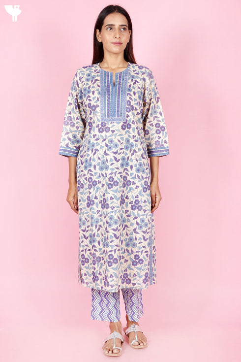 Terry Voile Kurta Pant And Kota Dupatta In Floral Block Print
