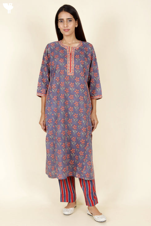Terry Voile Kurta Pant With Kota Dupatta In Floral Block Print
