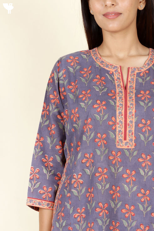 Terry Voile Kurta Pant With Kota Dupatta In Floral Block Print