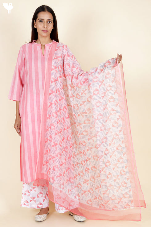 Terry Voile Kurta Pant With Kota Dupatta In Floral Block Print