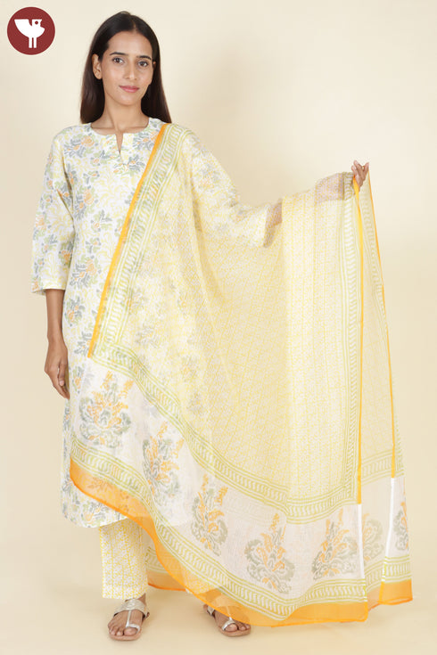 Terry Voile Kurta Pant With Dupatta In Floral Block Print