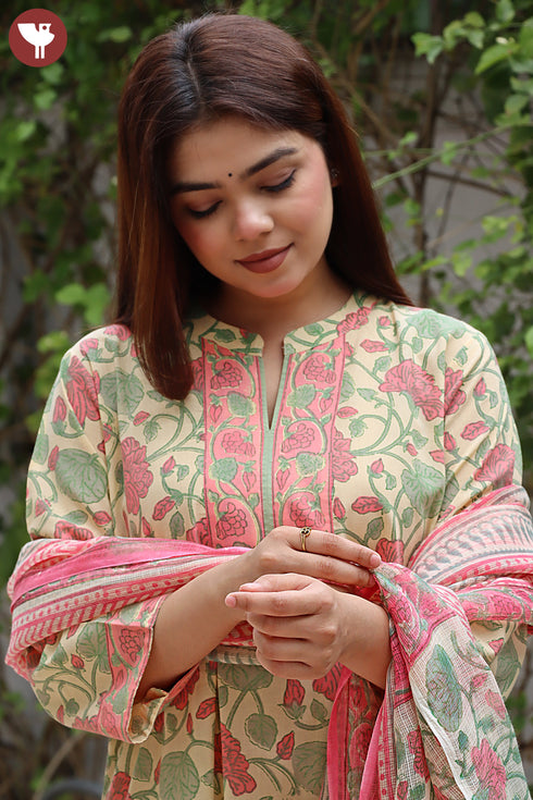 Terry Voile Kurta Pant With Dupatta In Floral Block Print