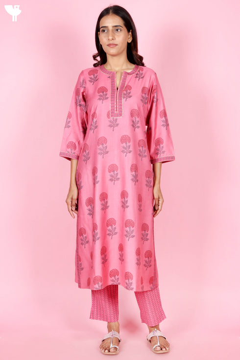 Tussar Cotton Kurta Pant And Dupatta Set In Floral Block Print