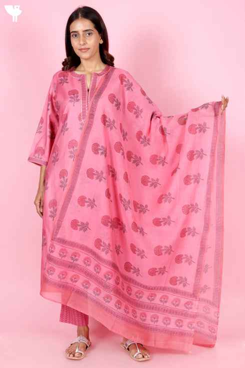 Tussar Cotton Kurta Pant And Dupatta Set In Floral Block Print
