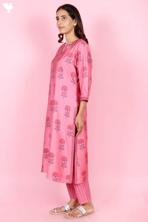 Tussar Cotton Kurta Pant And Dupatta Set In Floral Block Print