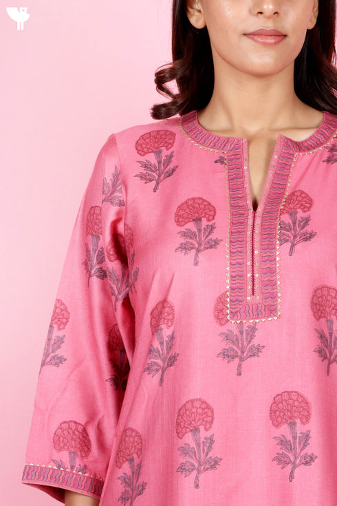 Tussar Cotton Kurta Pant And Dupatta Set In Floral Block Print