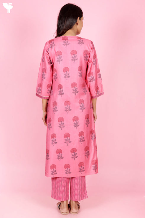 Tussar Cotton Kurta Pant And Dupatta Set In Floral Block Print