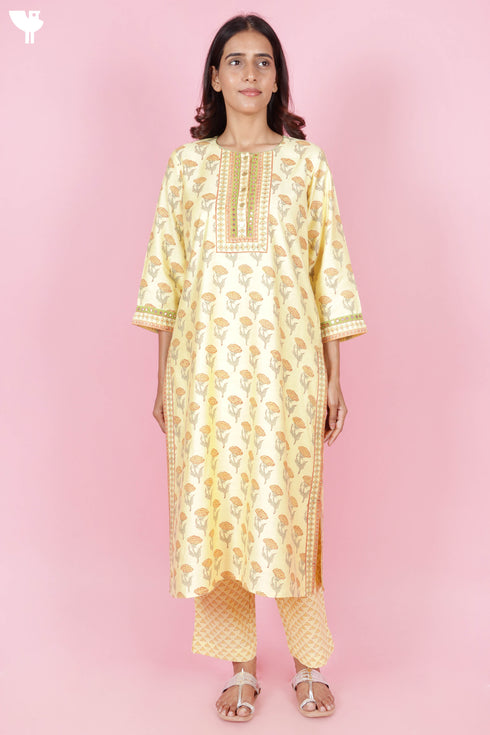 Tussar Cotton Kurta Pant And Dupatta Set In Floral Block Print