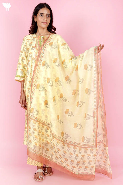 Tussar Cotton Kurta Pant And Dupatta Set In Floral Block Print