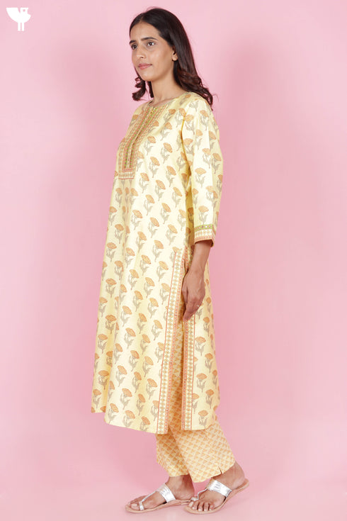 Tussar Cotton Kurta Pant And Dupatta Set In Floral Block Print