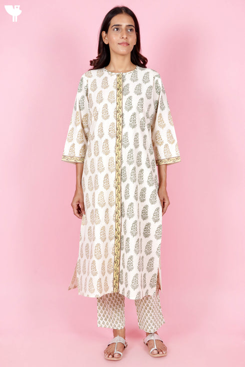 Cotton Kurta And Pant Set In Floral Block Print