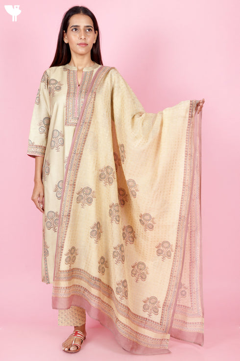 Tussar Cotton Kurta Pant And Dupatta Set In Block Print