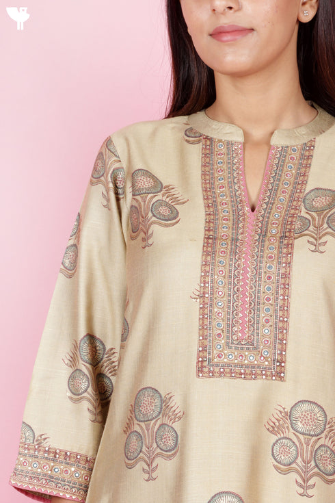 Tussar Cotton Kurta Pant And Dupatta Set In Block Print