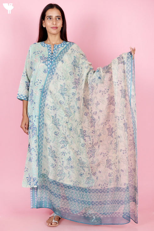 Mulmul Cotton Kurta Pant And Dupatta Set In Block Print