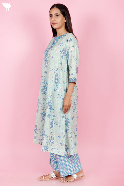 Mulmul Cotton Kurta Pant And Dupatta Set In Block Print