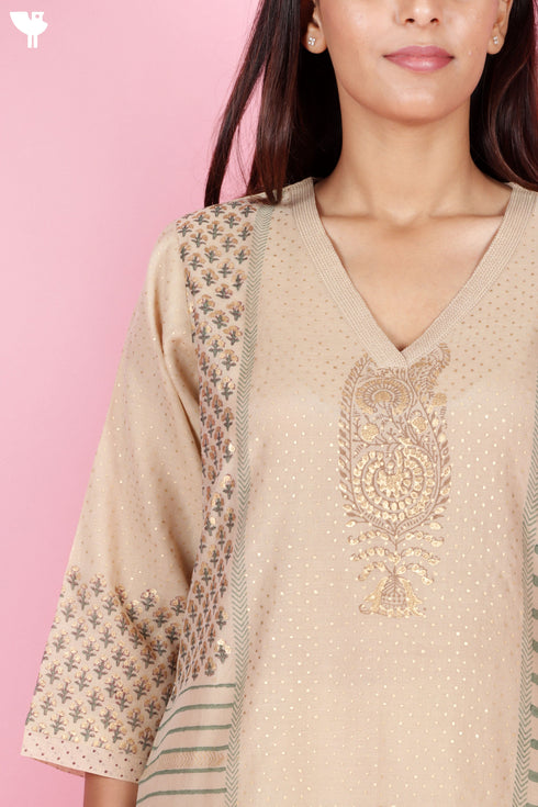 Chanderi Silk Kurta Pant Set With Gold Block Print